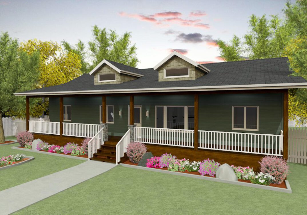 Ranch style RTM home with front veranda and dormer windows.